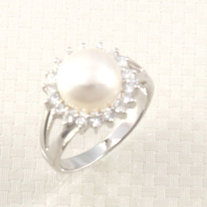 Solid Sterling Silver .925 Cultured Pearl & Cubic Zirconia Cluster Ring
