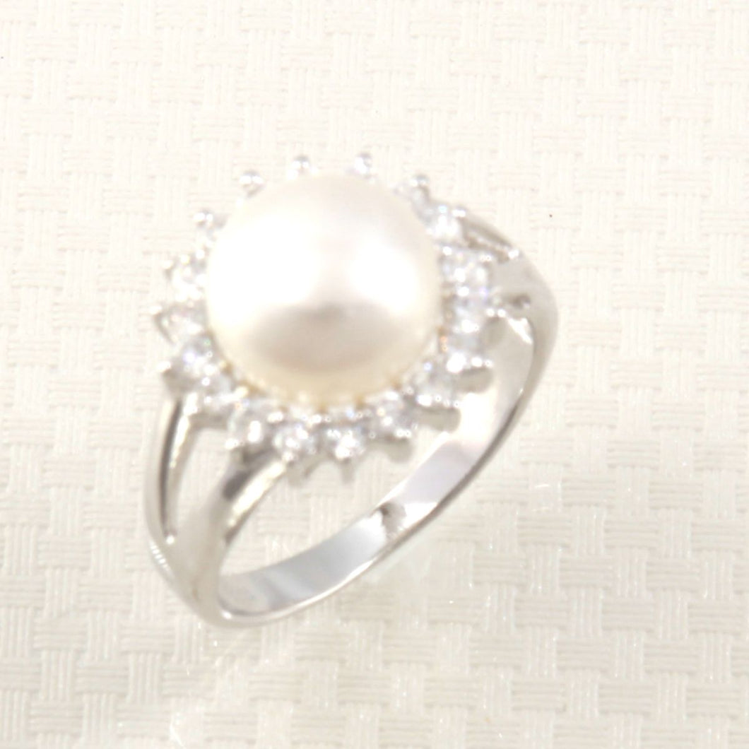 Solid Sterling Silver .925 Cultured Pearl & Cubic Zirconia Cluster Ring