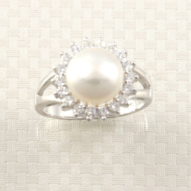 Solid Sterling Silver .925 Cultured Pearl & Cubic Zirconia Cluster Ring