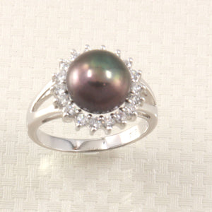 Solid Sterling Silver .925 Cultured Pearl & Cubic Zirconia Cluster Ring