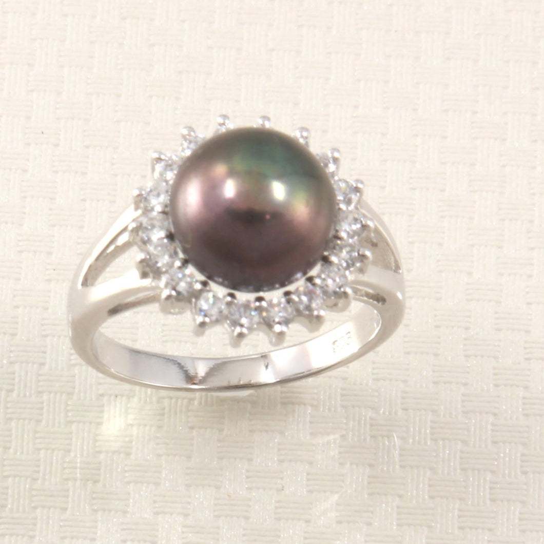 Solid Sterling Silver .925 Cultured Pearl & Cubic Zirconia Cluster Ring