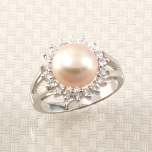 Solid Sterling Silver .925 Cultured Pearl & Cubic Zirconia Cluster Ring