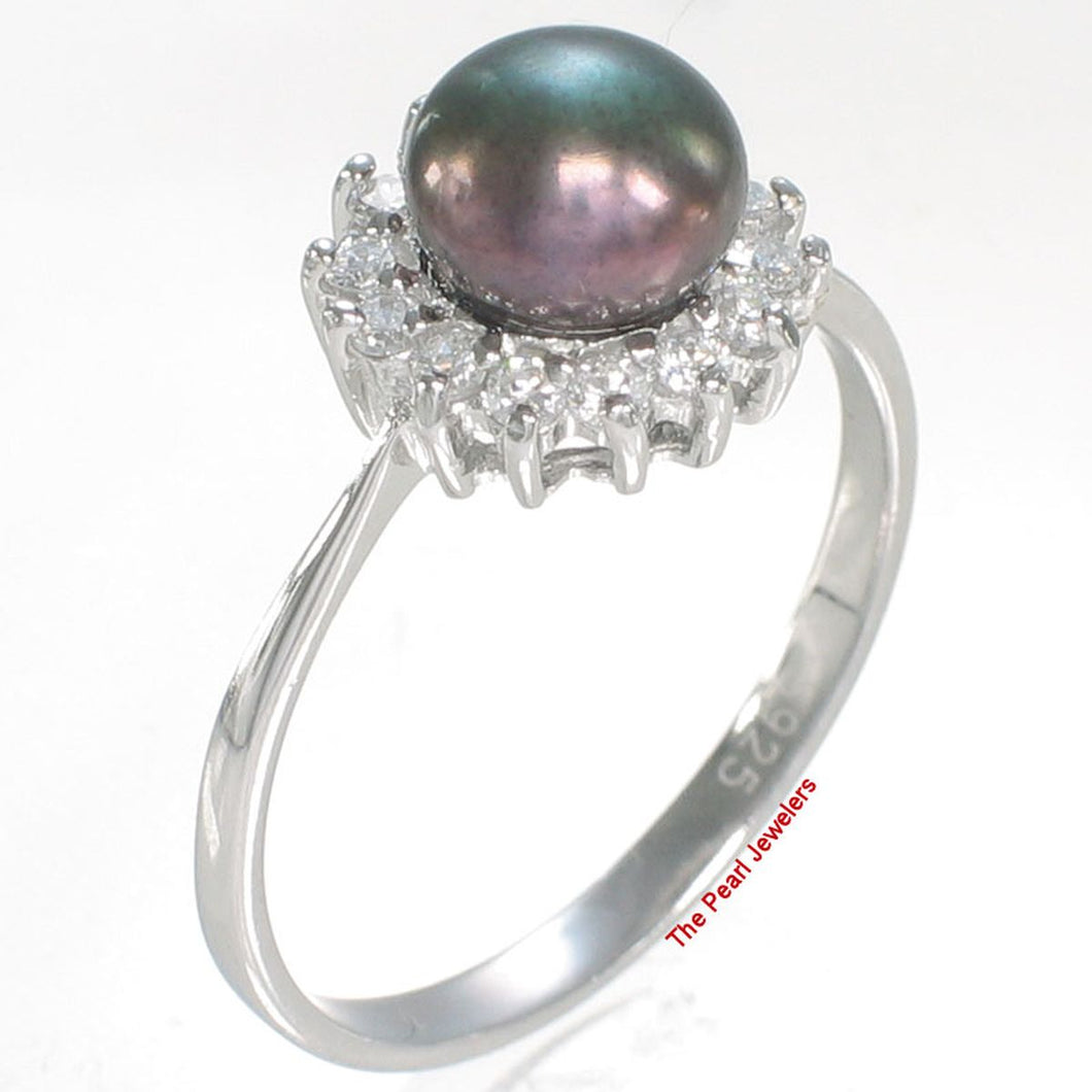 Solid Sterling Silver .925 Black-Peacock Pearl Halo Ring