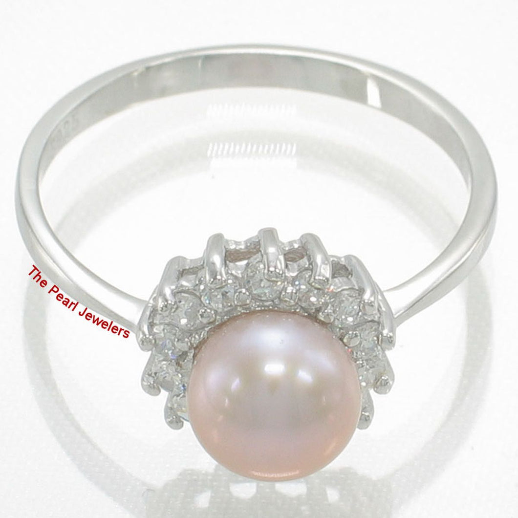 Solid Sterling Silver .925 Lavender-Pink Pearl Halo Ring