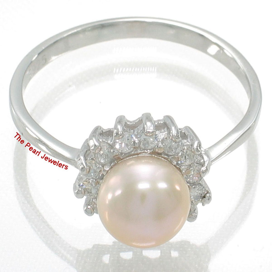 Solid Sterling Silver .925 Pink-Peach Pearl Halo Ring