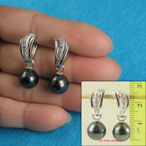 Solid Sterling Silver .925 Black Tahitian Pearl Euro-Back Dangle Earrings
