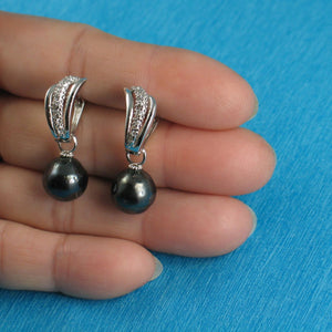 Solid Sterling Silver .925 Black Tahitian Pearl Euro-Back Dangle Earrings