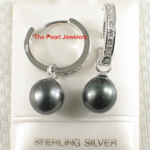Solid Sterling Silver .925 Black-Peacock Tahitian Pearl C-Hoop Earrings