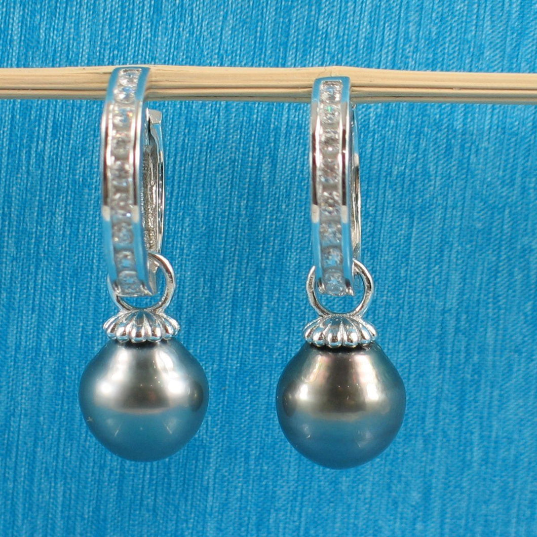 Solid Sterling Silver .925 Black-Gray Tahitian Pearl C-Hoop Earrings