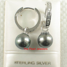 Load image into Gallery viewer, Solid Sterling Silver .925 Black-Green Overtone Tahitian Pearl C-Hoop Earrings