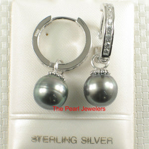 Solid Sterling Silver .925 Black-Green Overtone Tahitian Pearl C-Hoop Earrings