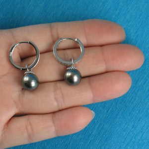 Solid Sterling Silver .925 Black-Green Overtone Tahitian Pearl C-Hoop Earrings