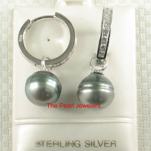Solid Sterling Silver .925 Green-Silver Overtone Tahitian Pearl C-Hoop Earrings