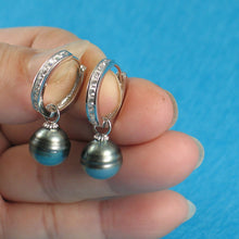 Load image into Gallery viewer, Solid Sterling Silver .925 Green-Silver Overtone Tahitian Pearl C-Hoop Earrings