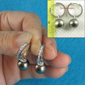Solid Sterling Silver .925 Green-Olive Tahitian Pearl C-Hoop Dangle Earrings
