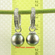 Load image into Gallery viewer, Solid Sterling Silver .925 Green-Olive Tahitian Pearl C-Hoop Dangle Earrings