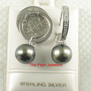Solid Sterling Silver .925 Green-Olive Tahitian Pearl C-Hoop Dangle Earrings