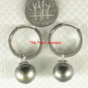 Solid Sterling Silver .925 Green-Olive Tahitian Pearl C-Hoop Dangle Earrings