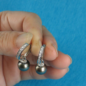 Solid Sterling Silver .925 Green-Olive Tahitian Pearl C-Hoop Dangle Earrings