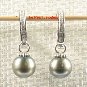 Solid Sterling Silver .925 Green-Olive Tahitian Pearl C-Hoop Dangle Earrings