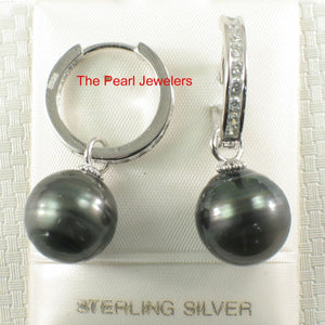 Solid Sterling Silver .925 Baroque Black Tahitian Pearl C-Hoop Dangle Earrings