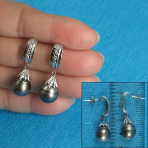 Solid Sterling Silver .925 Black-Gray Baroque Tahitian Pearl & CZ Dangle Earrings