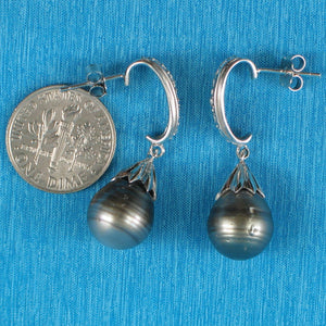 Solid Sterling Silver .925 Black-Gray Baroque Tahitian Pearl & CZ Dangle Earrings