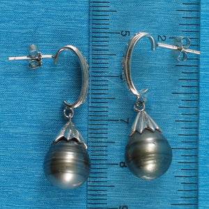 Solid Sterling Silver .925 Black-Gray Baroque Tahitian Pearl & CZ Dangle Earrings