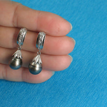 Load image into Gallery viewer, Solid Sterling Silver .925 Black-Gray Baroque Tahitian Pearl &amp; CZ Dangle Earrings