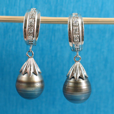Solid Sterling Silver .925 Black-Gray Baroque Tahitian Pearl & CZ Dangle Earrings