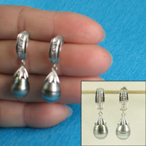 Solid Sterling Silver .925 Black-Blue Gray Tahitian Pearl & CZ Dangle Earrings