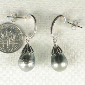 Solid Sterling Silver .925 Black-Blue Gray Tahitian Pearl & CZ Dangle Earrings