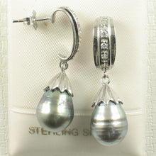 Load image into Gallery viewer, Solid Sterling Silver .925 Black-Blue Gray Tahitian Pearl &amp; CZ Dangle Earrings