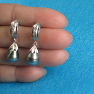 Solid Sterling Silver .925 Black-Blue Gray Tahitian Pearl & CZ Dangle Earrings
