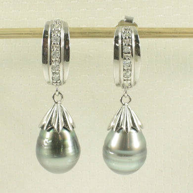Solid Sterling Silver .925 Black-Blue Gray Tahitian Pearl & CZ Dangle Earrings
