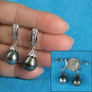 Solid Sterling Silver .925 Baroque Tahitian Pearl & CZ Dangle Earrings