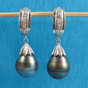 Solid Sterling Silver .925 Baroque Tahitian Pearl & CZ Dangle Earrings