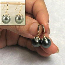 Load image into Gallery viewer, Genuine Tahitian Pearl &amp; Diamonds Dangle Hook Earrings – 14k Yellow Gold