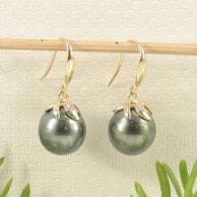 Load image into Gallery viewer, Genuine Tahitian Pearl &amp; Diamonds Dangle Hook Earrings – 14k Yellow Gold
