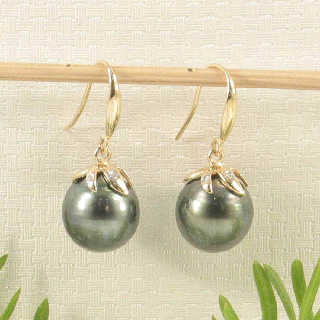 Genuine Tahitian Pearl & Diamonds Dangle Hook Earrings – 14k Yellow Gold