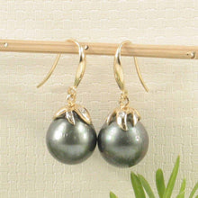 Load image into Gallery viewer, Genuine Tahitian Pearl &amp; Diamonds Dangle Hook Earrings – 14k Yellow Gold