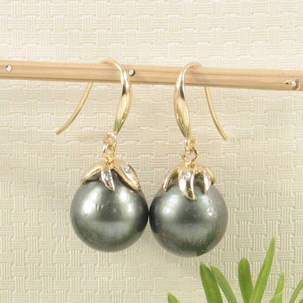 Genuine Tahitian Pearl & Diamonds Dangle Hook Earrings – 14k Yellow Gold