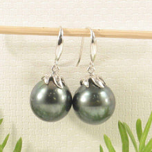 Load image into Gallery viewer, Genuine Tahitian Pearl &amp; Diamonds Dangle Hook Earrings – 14k White Gold