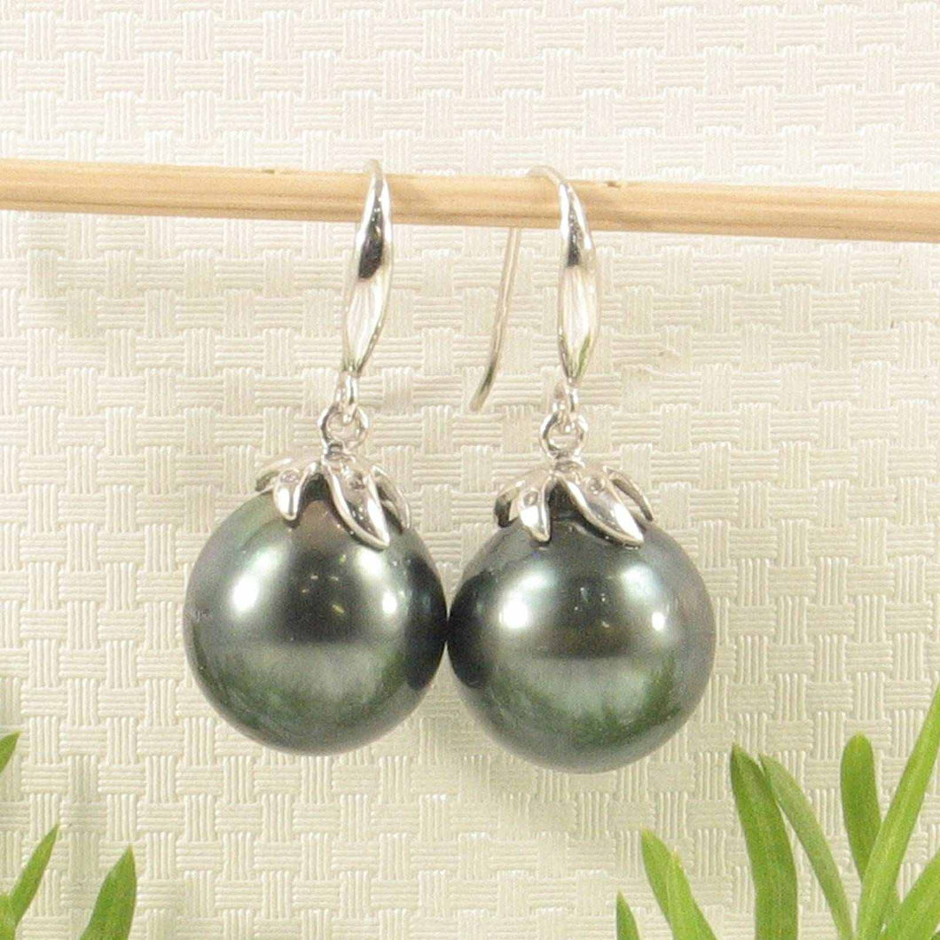 Genuine Tahitian Pearl & Diamonds Dangle Hook Earrings – 14k White Gold