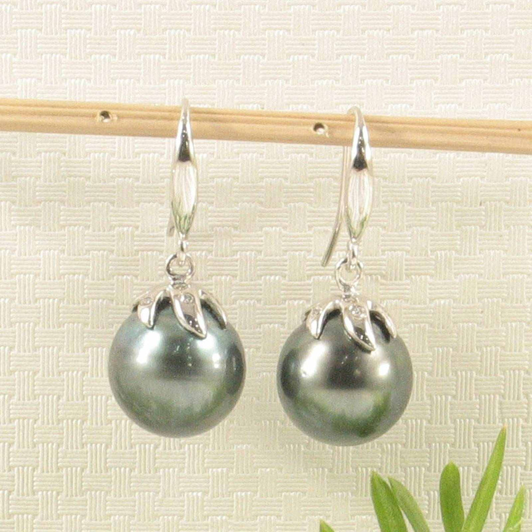 Genuine Tahitian Pearl & Diamonds Dangle Hook Earrings – 14k White Gold