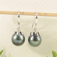 Load image into Gallery viewer, Genuine Tahitian Pearl &amp; Diamond Hook Earrings – 14k White Gold