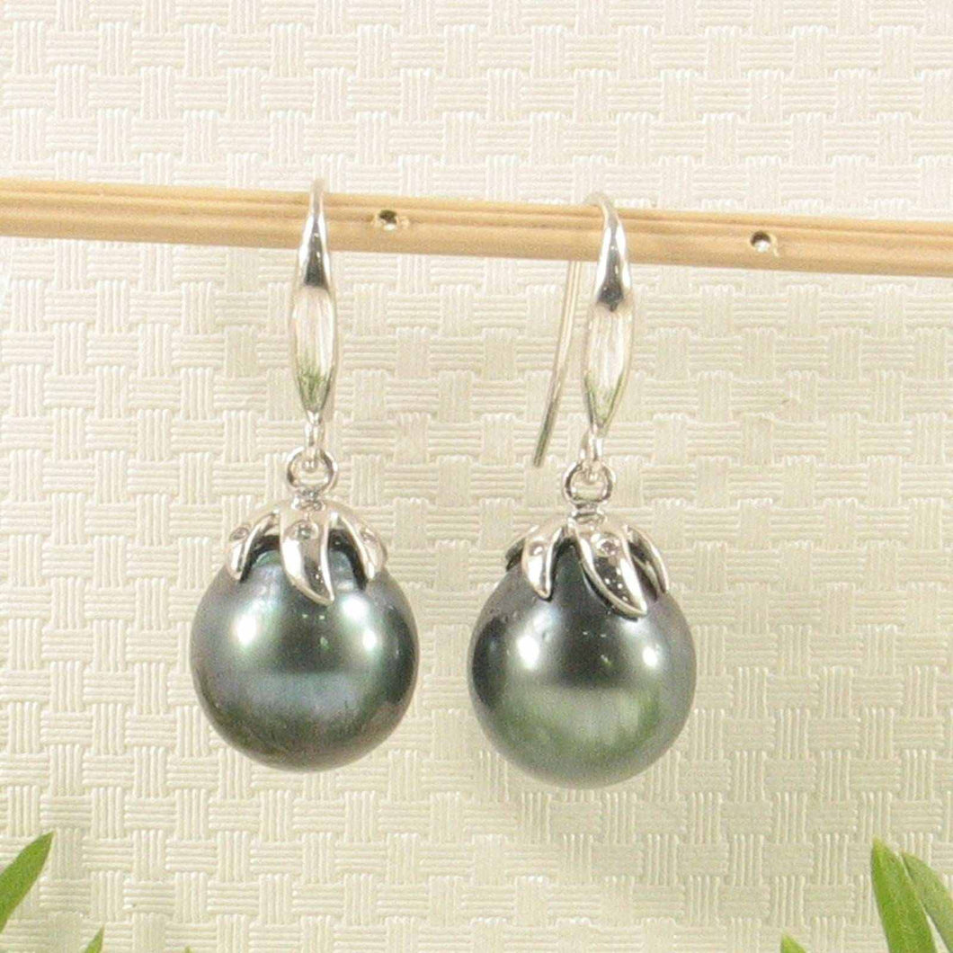 Genuine Tahitian Pearl & Diamond Hook Earrings – 14k White Gold