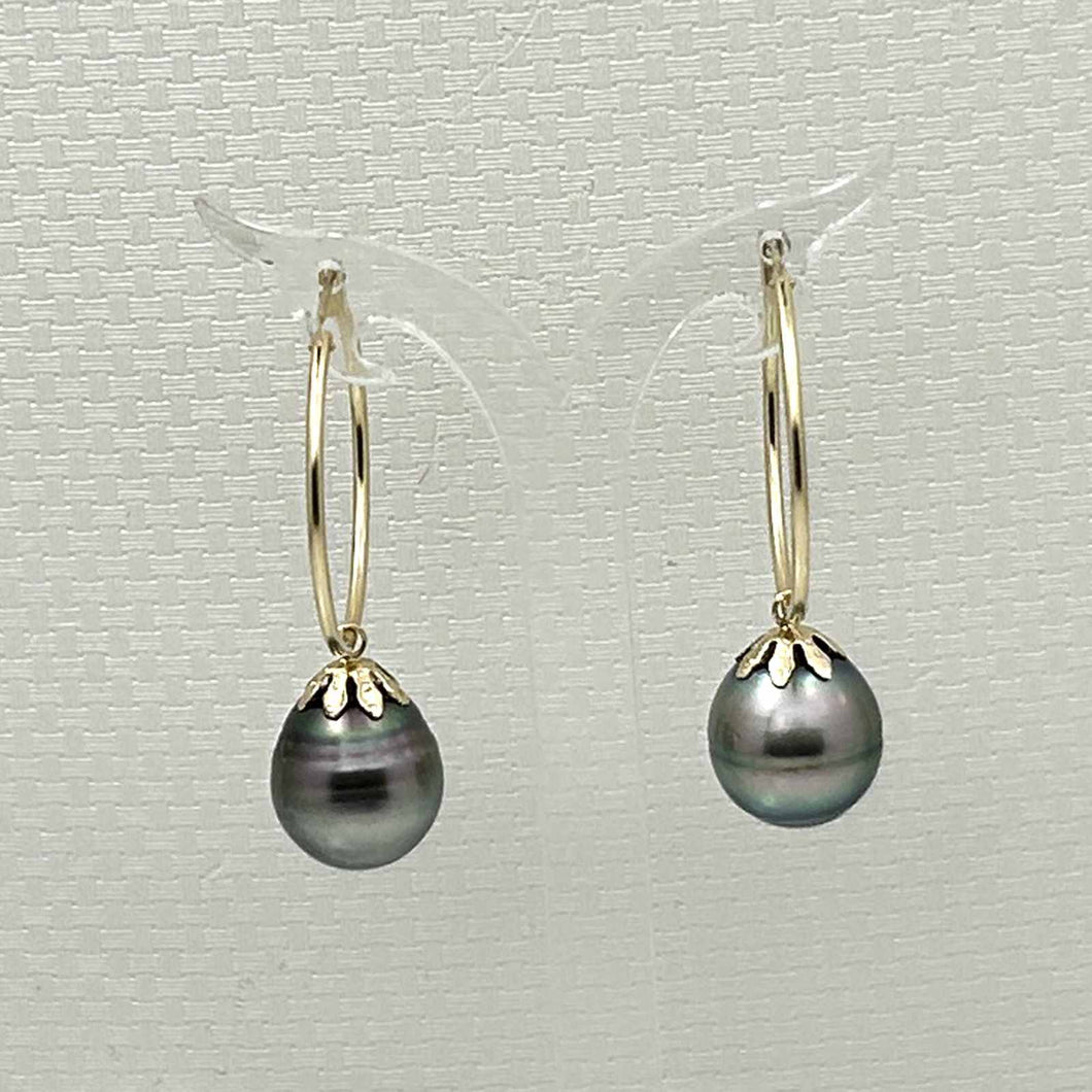 Ringed Teardrop Tahitian Pearl Hoop Earrings – 14k Yellow Gold
