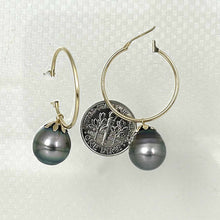 Load image into Gallery viewer, Ringed Teardrop Tahitian Pearl Hoop Earrings – 14k Yellow Gold