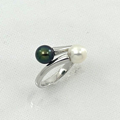 Twin AAA Black & White Freshwater Pearl Cocktail Ring – .925 Sterling Silver
